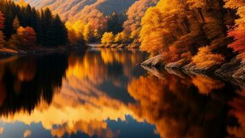 AI generated A realistic image depicting fallen leaves peacefully adrift in a serene lake. photo