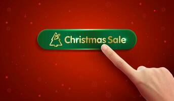 Click buy shopping online christmas sale with hand on mobile phone special offer, christmas sale. button hand pointer clicking. click here banner on red background. vector design. photo