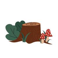 Vector illustration of a tree stump with mushrooms and bushes in flat style.