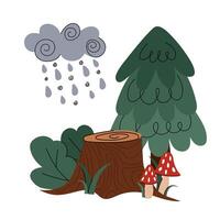 Stump. Forest glade with stump, trees, thundercloud and fly agarics in flat style. Forest print in Scandinavian style. Doodle illustration. vector