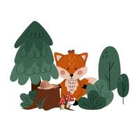 Cute cartoon fox in the forest. Fox in a forest glade among the trees, with a stump and a snail in a flat style. Doodle hand drawing. vector