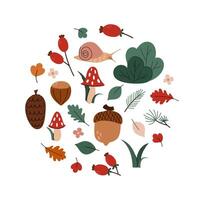 Set of forest decorative elements in flat style with doodle elements. vector