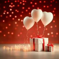 contento San Valentín día concepto con rojo regalo caja y corazón conformado globos romántico bandera amor concepto por ai generado foto