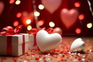 contento San Valentín día concepto con rojo regalo caja y corazón conformado globos romántico bandera amor concepto por ai generado foto