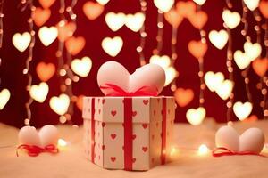 Happy valentine's day concept with red gift box and heart  shaped balloons romantic banner love concept by AI Generated photo