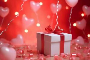 Happy valentine's day concept with red gift box and heart  shaped balloons romantic banner love concept by AI Generated photo