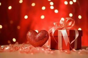 Happy valentine's day concept with red gift box and heart  shaped balloons romantic banner love concept by AI Generated photo