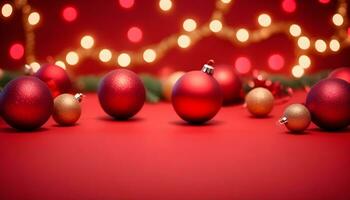 AI generated red christmas color background with garland and christmas balls ai generated photo