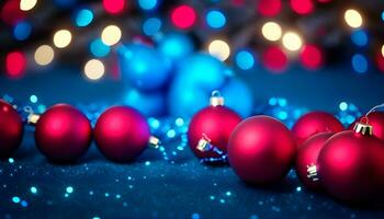 ai generado rojo Navidad color antecedentes con guirnalda y Navidad pelotas ai generado foto