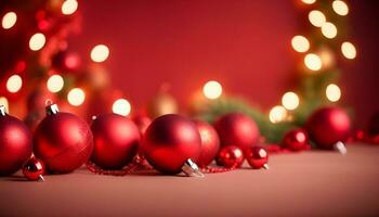 AI generated red christmas color background with garland and christmas balls ai generated photo