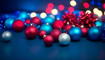 ai generado rojo Navidad color antecedentes con guirnalda y Navidad pelotas ai generado foto