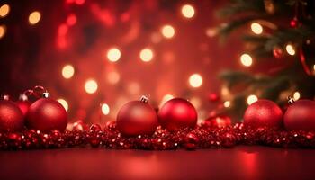 AI generated red christmas color background with garland and christmas balls ai generated photo