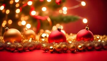 AI generated red christmas color background with garland and christmas balls ai generated photo