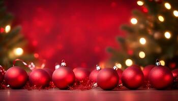 AI generated red christmas color background with garland and christmas balls ai generated photo