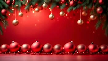 AI generated red christmas color background with garland and christmas balls ai generated photo