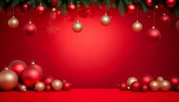 AI generated red christmas color background with garland and christmas balls ai generated photo