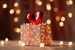 Happy valentine's day concept with red gift box and heart  shaped balloons romantic banner love concept by AI Generated photo