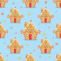 Seamless pattern with gingerbread house shaped gingerbread cookies with decorations. Christmas sweets and treats.Print design for textile, fabric, wrapping paper vector