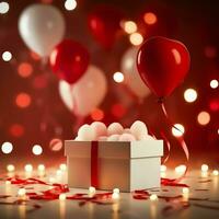 contento San Valentín día concepto con rojo regalo caja y corazón conformado globos romántico bandera amor concepto por ai generado foto