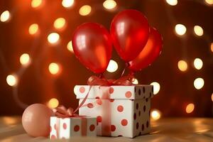 contento San Valentín día concepto con rojo regalo caja y corazón conformado globos romántico bandera amor concepto por ai generado foto