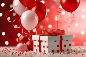 contento San Valentín día concepto con rojo regalo caja y corazón conformado globos romántico bandera amor concepto por ai generado foto