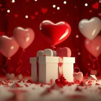 Happy valentine's day concept with red gift box and heart  shaped balloons romantic banner love concept by AI Generated photo