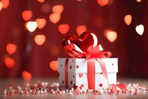 Happy valentine's day concept with red gift box and heart  shaped balloons romantic banner love concept by AI Generated photo