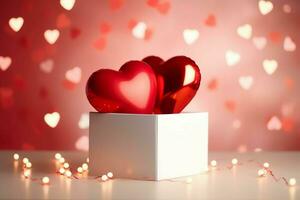 Happy valentine's day concept with red gift box and heart  shaped balloons romantic banner love concept by AI Generated photo