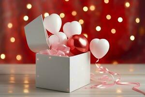 Happy valentine's day concept with red gift box and heart  shaped balloons romantic banner love concept by AI Generated photo