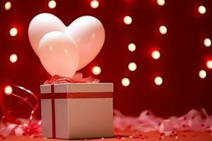 contento San Valentín día concepto con rojo regalo caja y corazón conformado globos romántico bandera amor concepto por ai generado foto