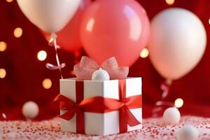 contento San Valentín día concepto con rojo regalo caja y corazón conformado globos romántico bandera amor concepto por ai generado foto
