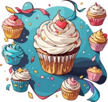 ai generato colorato cupcakes con festa elementi cartone animato png
