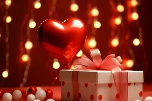 Happy valentine's day concept with red gift box and heart  shaped balloons romantic banner love concept by AI Generated photo