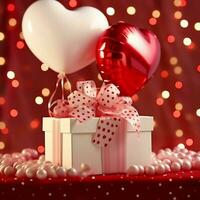 Happy valentine's day concept with red gift box and heart  shaped balloons romantic banner love concept by AI Generated photo