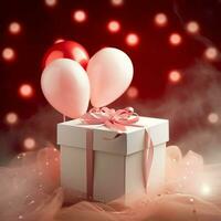 Happy valentine's day concept with red gift box and heart  shaped balloons romantic banner love concept by AI Generated photo
