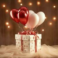 contento San Valentín día concepto con rojo regalo caja y corazón conformado globos romántico bandera amor concepto por ai generado foto