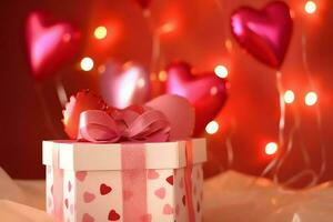 contento San Valentín día concepto con rojo regalo caja y corazón conformado globos romántico bandera amor concepto por ai generado foto