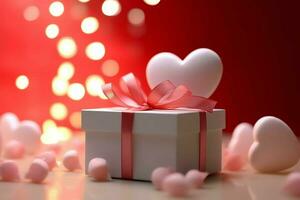 Happy valentine's day concept with red gift box and heart  shaped balloons romantic banner love concept by AI Generated photo