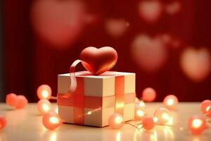 Happy valentine's day concept with red gift box and heart  shaped balloons romantic banner love concept by AI Generated photo