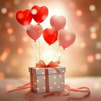 contento San Valentín día concepto con rojo regalo caja y corazón conformado globos romántico bandera amor concepto por ai generado foto