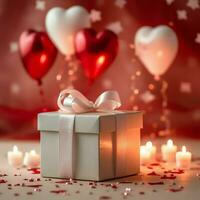 contento San Valentín día concepto con rojo regalo caja y corazón conformado globos romántico bandera amor concepto por ai generado foto