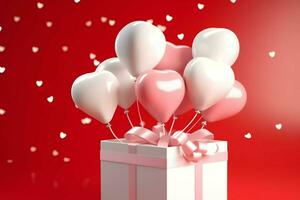 contento San Valentín día concepto con rojo regalo caja y corazón conformado globos romántico bandera amor concepto por ai generado foto