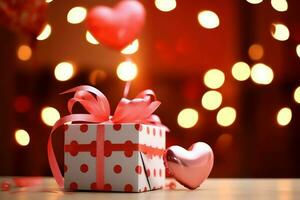 contento San Valentín día concepto con rojo regalo caja y corazón conformado globos romántico bandera amor concepto por ai generado foto