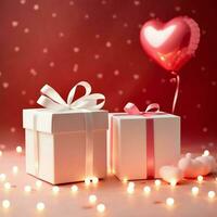 Happy valentine's day concept with red gift box and heart  shaped balloons romantic banner love concept by AI Generated photo