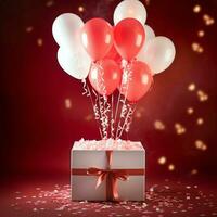 contento San Valentín día concepto con rojo regalo caja y corazón conformado globos romántico bandera amor concepto por ai generado foto