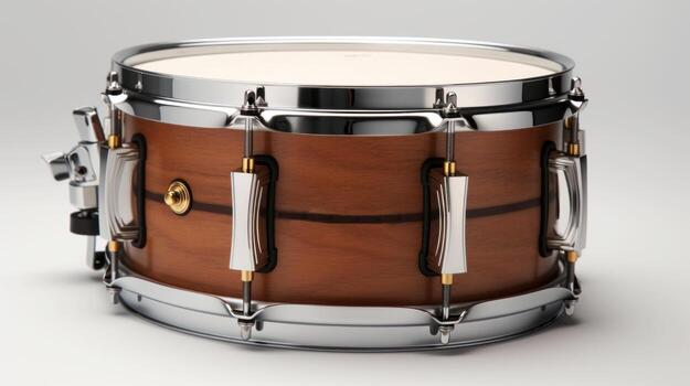 AI generated Wooden snare drum with metal hardware isolated on a white background, perfect for music-related projects photo