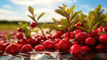 AI generated Cranberry growing in its natural environment in nature. Close up of red berries with green leaves on a sunny day. Ideal for food and nature related projects photo