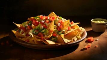 AI generated Bowl of nachos on wooden table on dark background. Snack of corn tortilla chips with various additives. Traditional Mexican dish. Ideal for restaurant menu, food blog, cookbook, bar photo