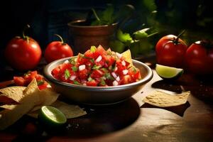 AI generated Salsa in bowl, served with vegetables on wooden table. Traditional Mexican dish. On dark background. Ideal for cooking, restaurant advertisement, cookbook, food magazine and recipe photo