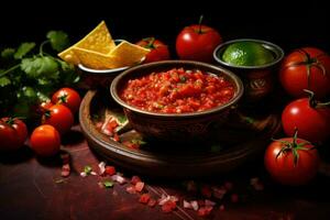 AI generated Salsa in bowl, served with vegetables on wooden table. Traditional Mexican dish. On dark background. Ideal for cooking, restaurant advertisement, cookbook, food magazine and recipe photo